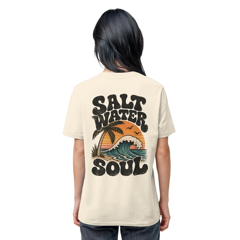 Unisex T-shirt with sea & palm tree back print, organic cotton, graphic surf tee, cream white, vintage surf shirt, gift for beach lovers Natural Raw