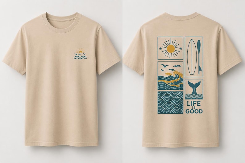 Pu&ograve; includere: Una t-shirt beige a maniche corte con una piccola grafica di un sole e onde sul petto sinistro. Il retro presenta una grande stampa a griglia rettangolare contenente un sole, una tavola da surf, onde oceaniche, una coda di balena e il testo LIFE IS GOOD.