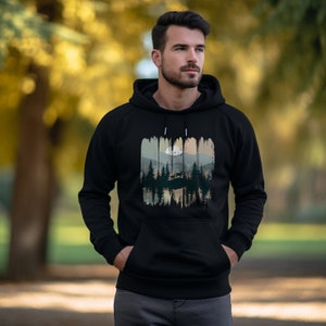 Organic Hoodie Sweatshirt Outdoor Print Reindeer in the forest - 100% cotton - Medium Fit - Adventure hooded sweater- hooded sweatshirt