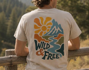 Men's T-shirt with mountain graphic print, vintage tee, "Wild and Free" back print, 100% cotton, classic fit, nature & outdoor adventure shirt