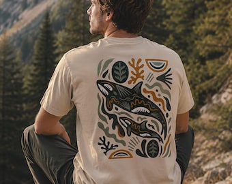 T-shirt da uomo biologica con balena - 100% cotone - Grafica marina incisa su linoleum - Stile retrò oceanico