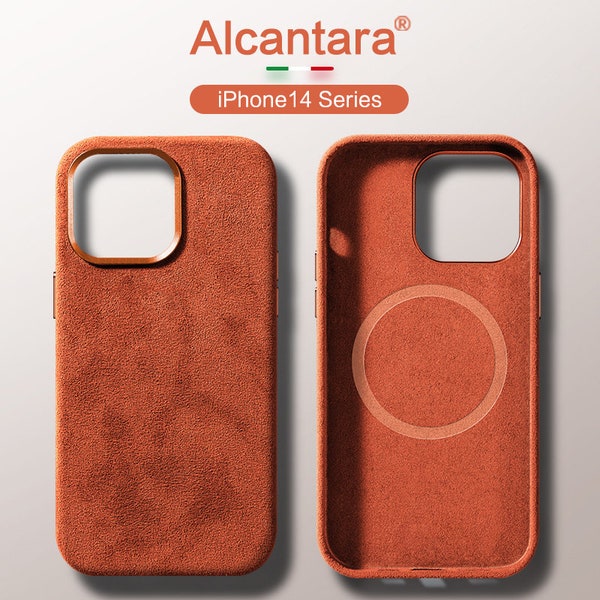 Housse arrière en cuir véritable Alcantara de luxe faite à la main pour Apple iPhone 14 MagSafe Phone Case Orange