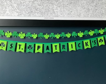 St Patrick’s Day Banner and Felt Shamrock Garland Decoration Set, Handmade Gift, Unique Reusable Felt Bunting