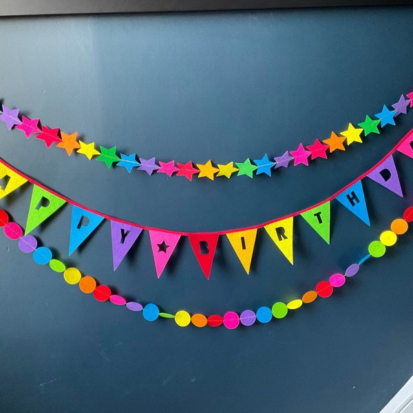 Happy Birthday Banner Bundle incl. Happy Birthday Bunting and 2 Garlands. Reusable Birthday Decoration, Felt Name Banner, Rainbow Birthday