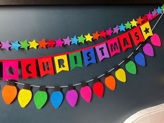 Colourful Christmas Fairy Light Garland, Reusable Rainbow Xmas Party Decor, Retro Felt Lights, Bright Christmas Decor, Secret Santa Gift