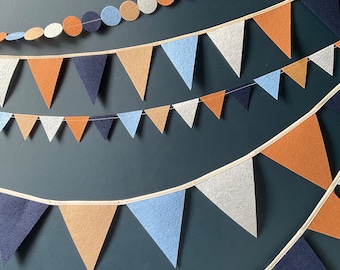 Blue Bunting, Boys Bedroom Decoration, Boys Nursery Bunting, Neutral Party Decor, Sky Blue, Navy, Cream, Brown, Barley Felt Flags