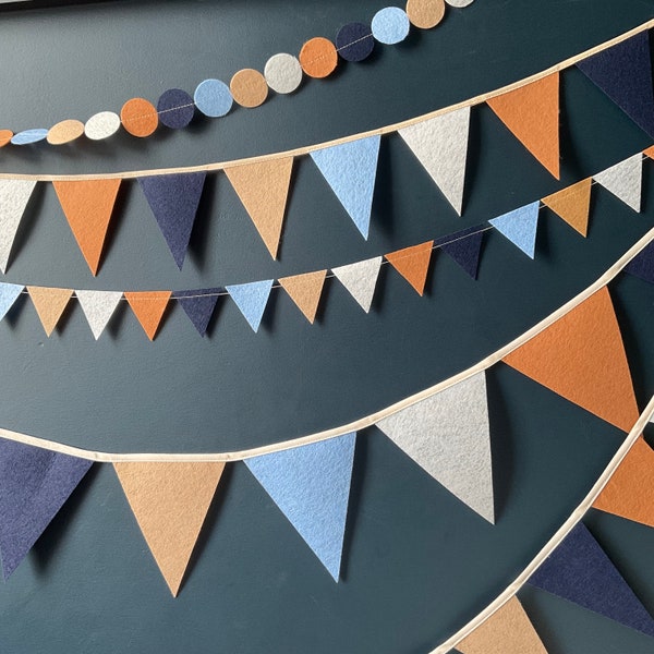 Blue Bunting, Boys Bedroom Decoration, Boys Nursery Bunting, Neutral Party Decor, Sky Blue, Navy, Cream, Brown, Barley Felt Flags