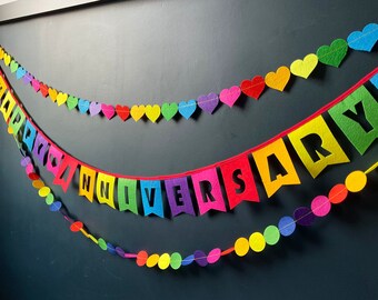 Happy Anniversary Rainbow Felt Bunting and Optional Matching Heart Garlands, you can also add your own Custom Name too