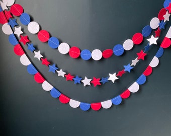 Red, White & Blue Garland, Reusable Fourth July Decor, Circles, Stars and Scallop Bunting, Birthday Decor, Garden Party Decor