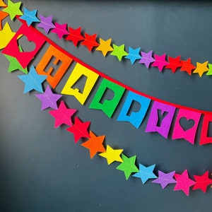 Happy Birthday Banner Bundle incl. Happy Birthday Bunting and 2 Garlands. Reusable Birthday Decoration, Felt Name Banner, Rainbow Birthday