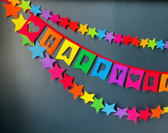 Happy Birthday Banner Bundle incl. Happy Birthday Bunting and 2 Garlands. Reusable Birthday Decoration, Felt Name Banner, Rainbow Birthday