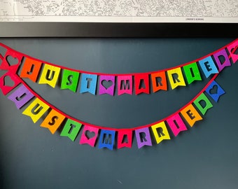 Just Married Banner in Felt, Rainbow  Wedding Banner Decorations, Wedding Reception Bunting, Just Married Bunting, Wedding Car Decorations,