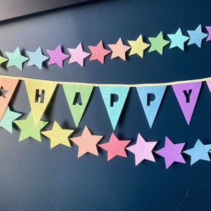 Happy Birthday Banner and 2 Matching Garlands. Reusable Birthday Decoration, Felt Name Banner, Rainbow Theme Birthday Party Decor