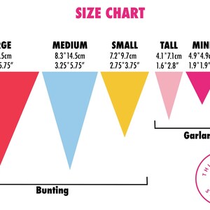 May include: Size chart for bunting and garlands with different sizes and measurements in inches and centimeters. The chart shows six different sizes: Large, Medium, Small, Tall, Mini, and Circle. The chart is labeled "Size Chart" and has a logo that says "Thirty Three Stitches".