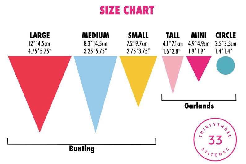 May include: Size chart for bunting and garlands with different sizes and measurements in inches and centimeters. The chart shows six different sizes: Large, Medium, Small, Tall, Mini, and Circle. The chart is labeled "Size Chart" and has a logo that says "Thirty Three Stitches".
