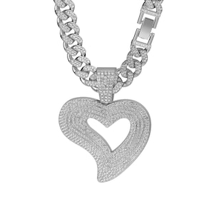 Heart Shaped Silver Plated Pendant With 20 Inch Necklace Stainless Steel Cubic Zirconia Hip Hop Style