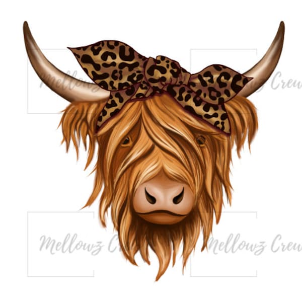 leopard bandana highland cow png,highland cow png,leopard print highland cow design, highland cow with bandana ,Digital Download,png