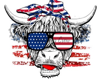Patriotic Long hair cow PNG image, Highland cow face clipart, Western PNG file,red, white & blue headband,png, 4th Of July png ,4th Of July