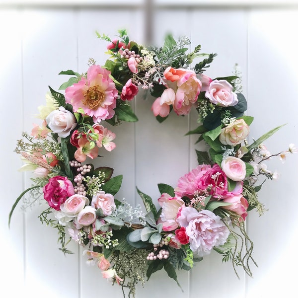 Pink floral wreath, pink summer wreath, front door wreath, pink wreath for front door, peony wreath, rose wreath, large summer wreath