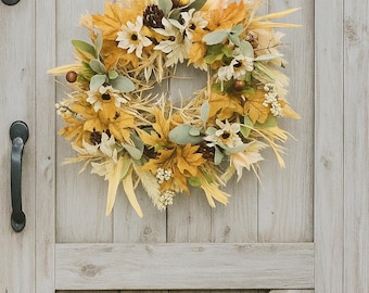 Corn husk wreath, fall lambs ear wreath, fall wreath for front door, farmhouse fall door wreath, fall raffia wreath, fall door wreaths