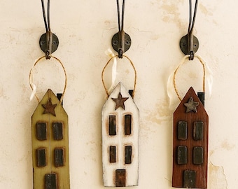 Primitive Saltbox House Ornament: Hand-Painted Rustic Folk Art