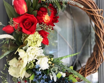 Patriotic Wreath: Red White Blue Floral, USA Decor
