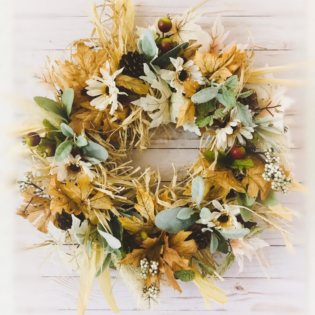 Corn Husk Wreath, Fall Lambs Ear Wreath, Fall Wreath for Front Door ...