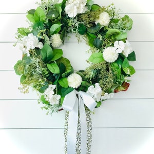 Elegant white wreath, Summer wreath for the front door, year round greenery wreath, wedding wreath, cottage decor, White Spring wreath
