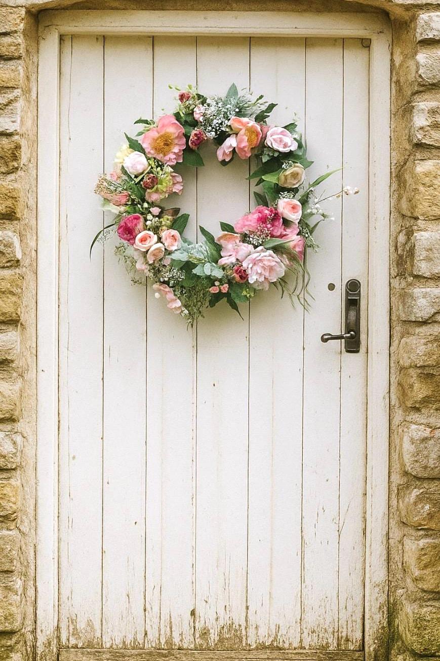 Corona floral rosa, corona de verano rosa, corona para puerta de entrada, corona rosa para puerta de entrada, corona de peonías, corona de rosas, corona de verano grande
