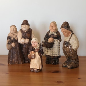 Vintage Danish Folk Art / Hand carved Chalkware figures of an old fishermans and his wife set of 4 by Olaf Overgaard Ovesen ERO