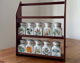 Vintage Danish teak spice rack with ceramic jars designed by Mads Stage in the 1980s, Scandinavian modern kitchen , Danish design