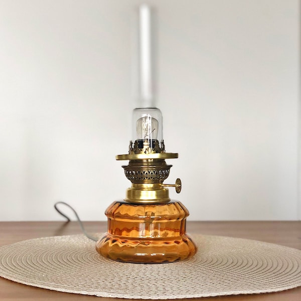 Holmegaard "Dagmar Mini Parfumelampe " Vintage amber glass electric table Lamp designed by Michael Bang , Danish Design 1975