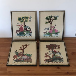 Framed Cross Stitch Embroidery: Danish Vintage Four Seasons Decor