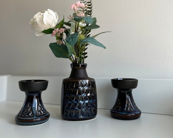 Soholm Bornholm Einar Johansen set of 3  ! Mid size stoneware Vase and candle holders  Blue/brown 60s glaze by Svend Aage Jensen