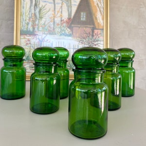Frascos de boticario vintage de vidrio verde esmeralda: Juego de tapa de burbuja belga