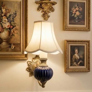Vintage Blue Ceramic Wall Sconce with White Pleated Shade, Elegant Ribbed Pottery Wall Lamp, Mid Century Style Home Decor