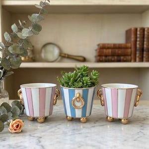 Vintage German Style Footed Cachepot, Pastel Striped Porcelain Planter with Gold Ring Handles, Elegant Ornate Mini Flower Pot