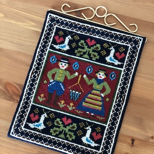 Vintage Swedish Embroidered Folk Art Wall Hanging Twist Stitched Wool Tapestry Embroidery Traditional Folklore