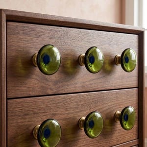 Set of 8 Handblown Green Glass Knobs - Verrina Sweden Style - Mid-Century Modern Furniture Pulls - Emerald Glass and Brass Dresser Handles