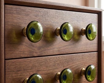 Set of 8 Handblown Green Glass Knobs - Verrina Sweden - Mid-Century Modern Furniture Pulls - Emerald Glass and Brass Dresser Handles