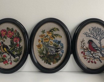 Framed lovely birds and flowers pattern embroidery  set of 3 , Danish handmade vintage wall decor from the 1970s cross stitch