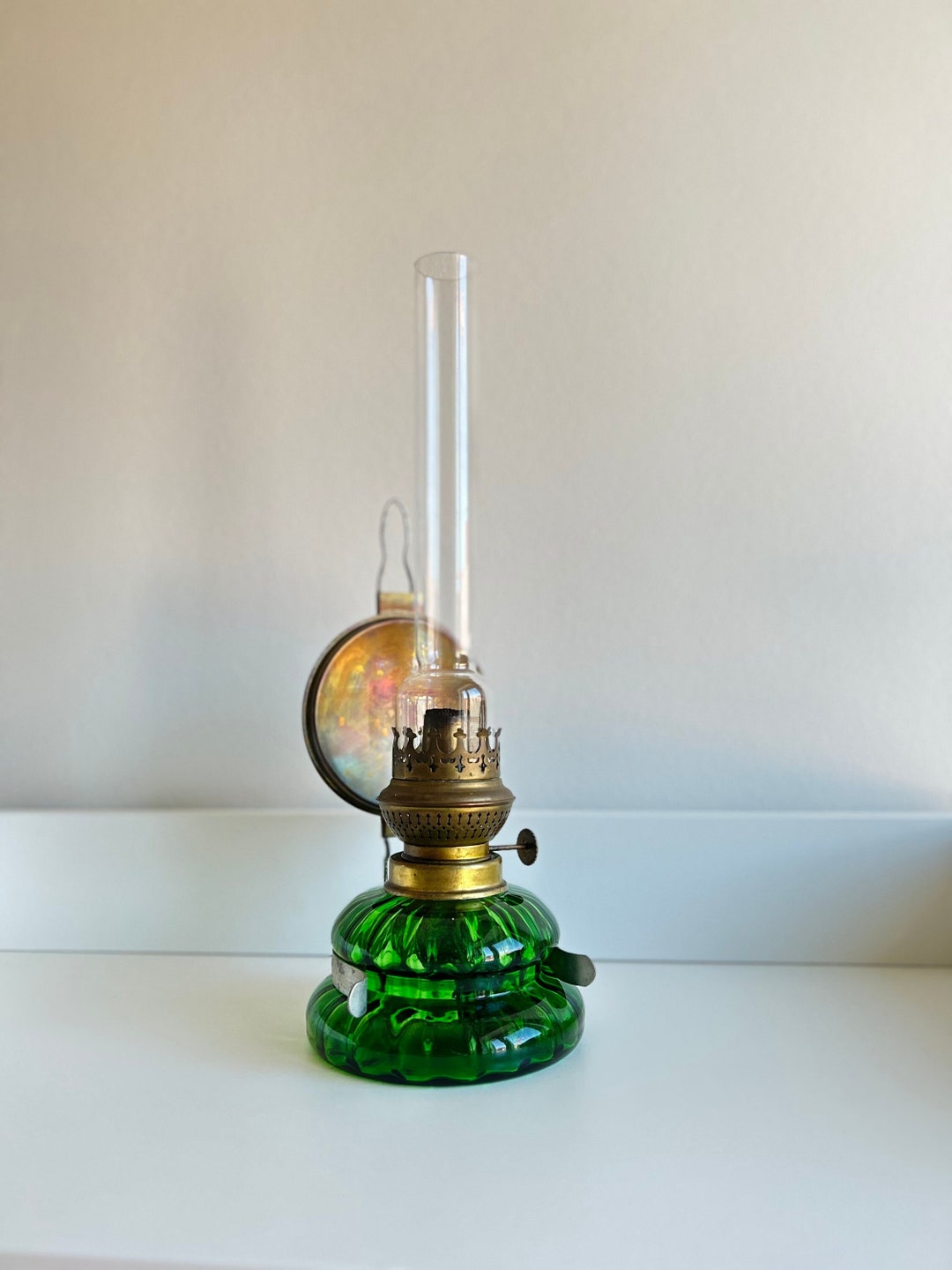 Antique Kosmos Brenner Emerald Green Glass Oil Lamp With Brass Etsy