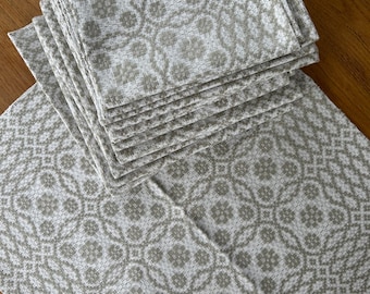 May include: A stack of beige and white patterned cloth napkins. The napkins have a repeating floral design. The napkins are stacked on a wooden surface. The pattern is a mix of floral and geometric shapes.