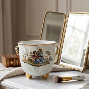 May include: A white porcelain vessel with vertical ribbing, gold-trimmed handles, and three gold feet. The front features a colourful pastoral scene of two figures in a landscape. The rim is finished with a gold band, and the piece is circular.