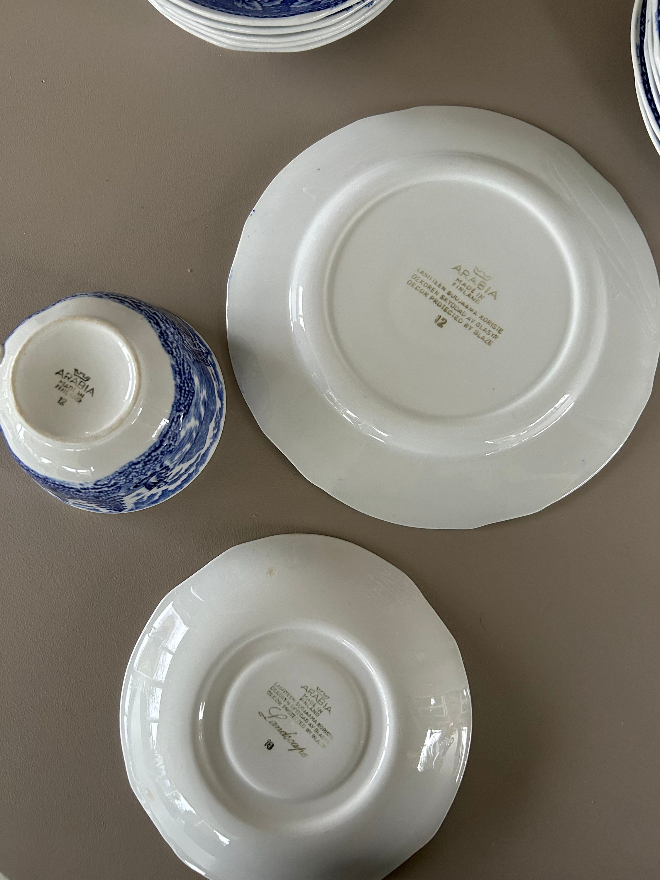 Arabia Finland Landscape Blue Tea Cup , Saucer and Cake