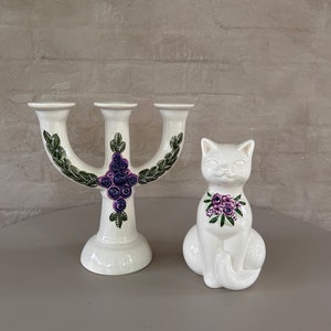 Rosa Ljung Swedish Vintage Deco Helsingborg Candle Holder and Cat Figurine Scandinavian handmade ceramic 80’s