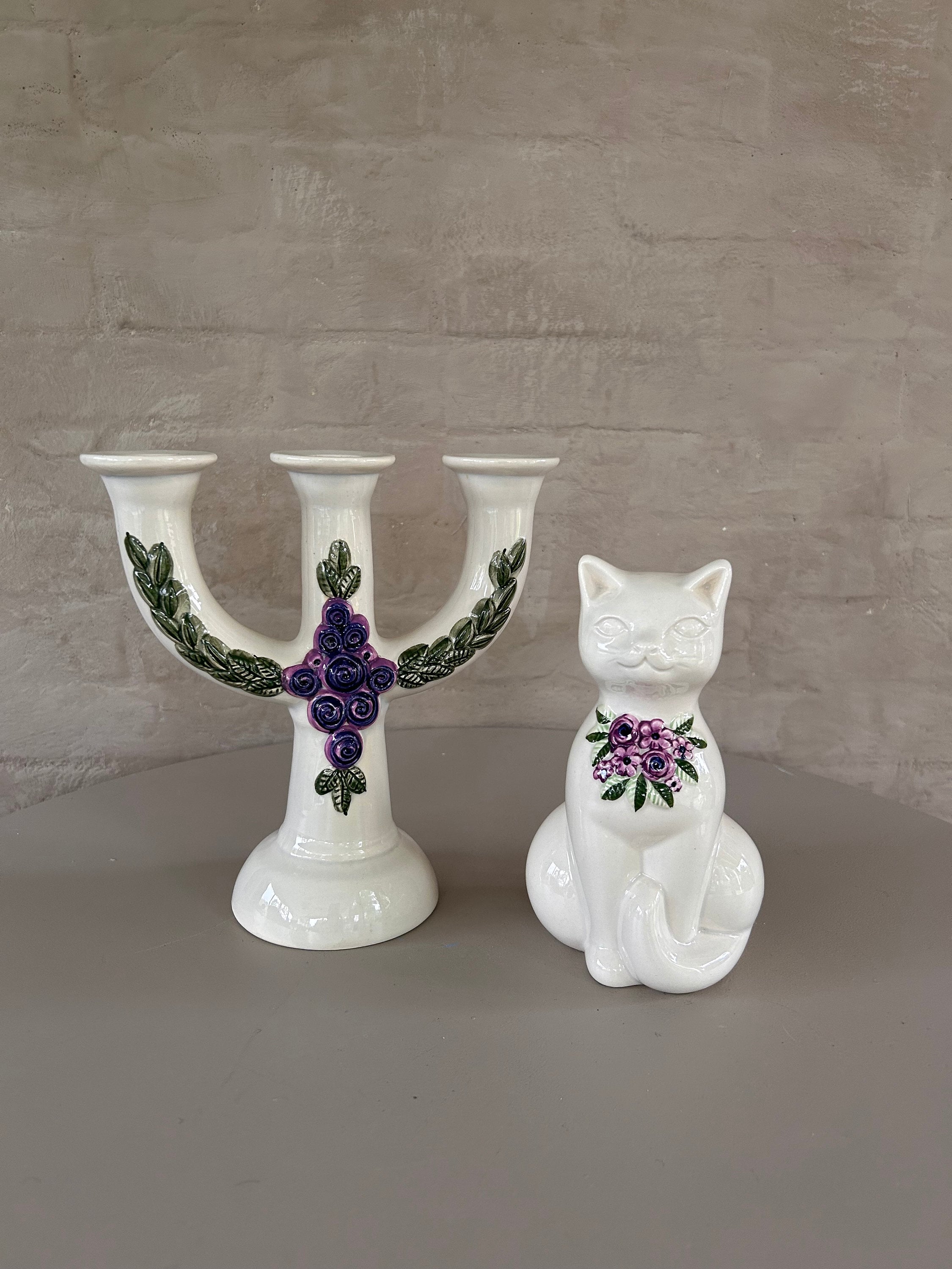 Rosa Ljung スウェーデン製陶器キャンドルホルダーと猫の置物