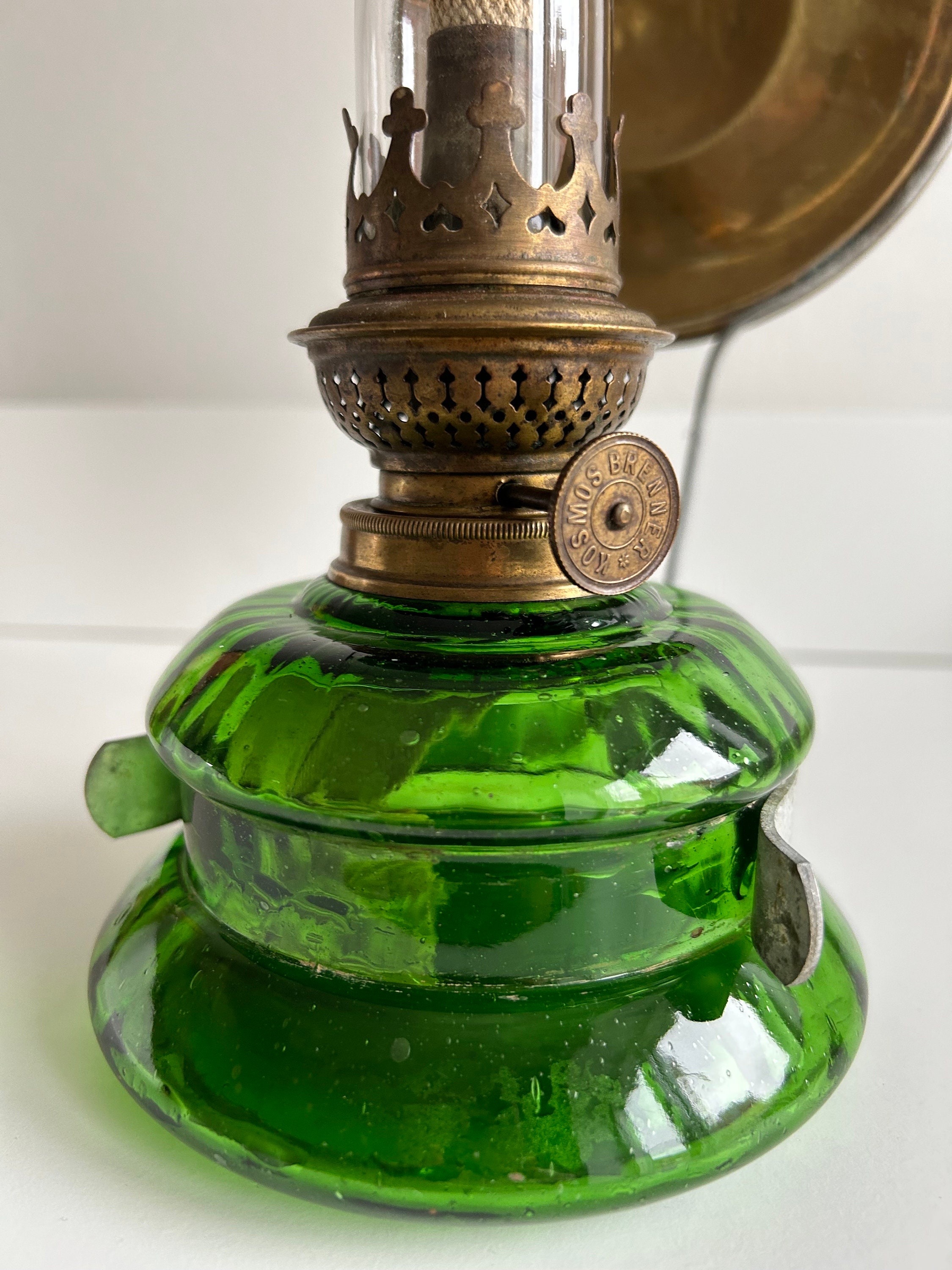 Antique Kosmos Brenner Emerald Green Glass Oil Lamp With Brass