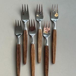 Vintage Danish Modern Edelstahl und Teak Gabel Set von 6- Mid-Century Modern Besteck