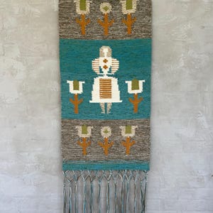 Vintage Scandinavian Woven Wall Hanging | Mid-Century Modern Textile Art Geometric Folk Tapestry with Fringe